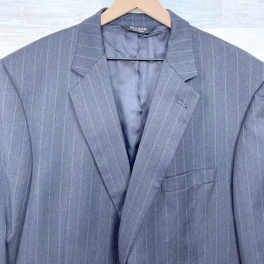 Jos A Bank Wool Suit Gray Striped Mens 46 XL Jacket 40x32 Pleated Cuffed Pants